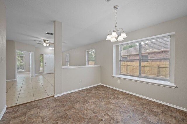 13820 Ceylon Tea Cir, Pflugerville, TX 78660 - empty room with baseboards, a chandelier, a ceiling fan, and stone finish flooring