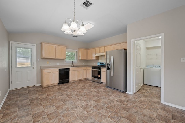 13820 Ceylon Tea Cir, Pflugerville, TX 78660 - kitchen with appliances with stainless steel finishes, light brown cabinets, washer / dryer, a chandelier, and a sink