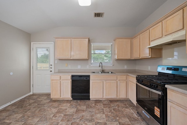 13820 Ceylon Tea Cir, Pflugerville, TX 78660 - kitchen featuring black dishwasher, stainless steel gas range oven, light brown cabinets, a sink, and under cabinet range hood