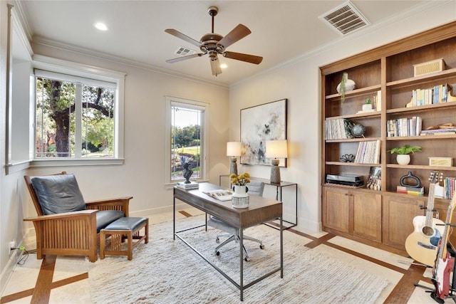 7116 Greenshores Dr, Austin, TX 78730 - office area featuring baseboards, inlaid floor details, ceiling fan, crown molding, and recessed lighting