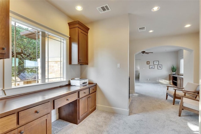 7116 Greenshores Dr, Austin, TX 78730 - office with light carpet, ceiling fan, recessed lighting, arched walkways, and baseboards