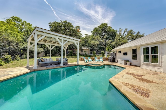 101 Peterson Ct, Austin, TX 78734 - view of swimming pool featuring an outdoor hangout area, a pool with connected hot tub, a fenced backyard, and a patio area