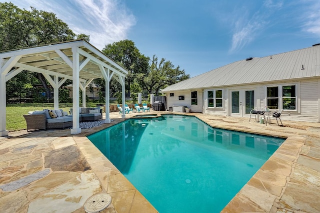 101 Peterson Ct, Austin, TX 78734 - view of pool featuring french doors, an outdoor living space, a gazebo, a pool with connected hot tub, and a patio area