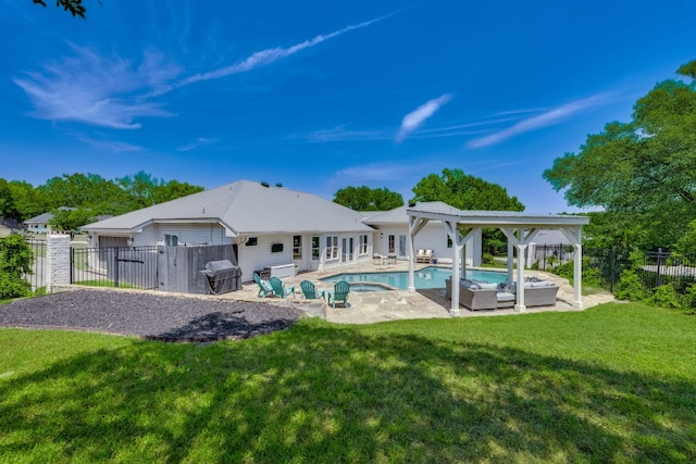 101 Peterson Ct, Austin, TX 78734 - rear view of house featuring a patio, a fenced backyard, a pool with connected hot tub, and outdoor lounge area