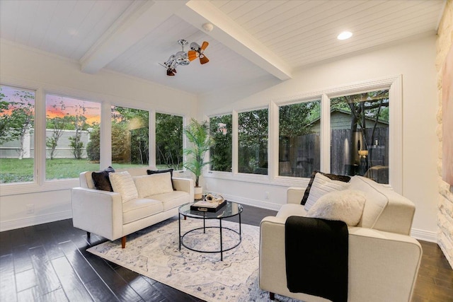 4715 Highland Ter, Austin, TX 78731 - sunroom featuring a wooden ceiling with exposed beams, wood finished floors, and recessed lighting