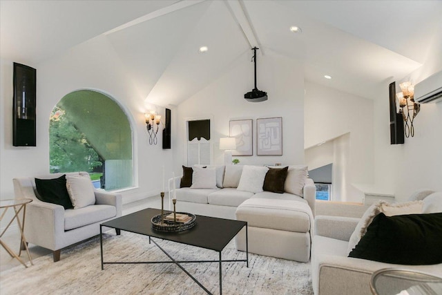 4715 Highland Ter, Austin, TX 78731 - living area with beamed ceiling, a chandelier, recessed lighting, a wall mounted AC, and high vaulted ceiling
