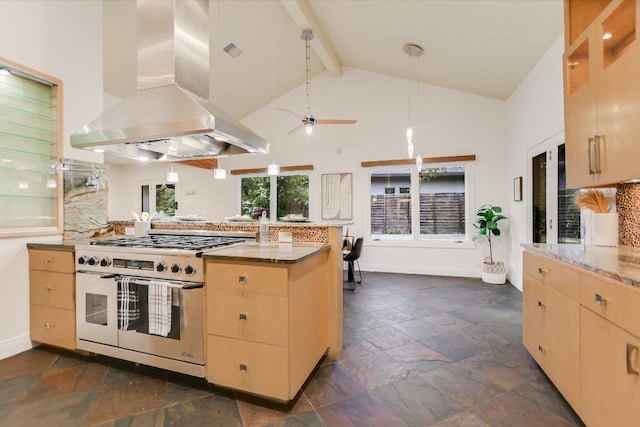 4715 Highland Ter, Austin, TX 78731 - kitchen with stainless steel range with gas cooktop, island range hood, light brown cabinets, a peninsula, and stone tile floors