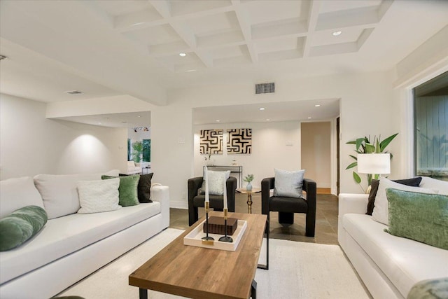 4715 Highland Ter, Austin, TX 78731 - living area with beamed ceiling, recessed lighting, and coffered ceiling