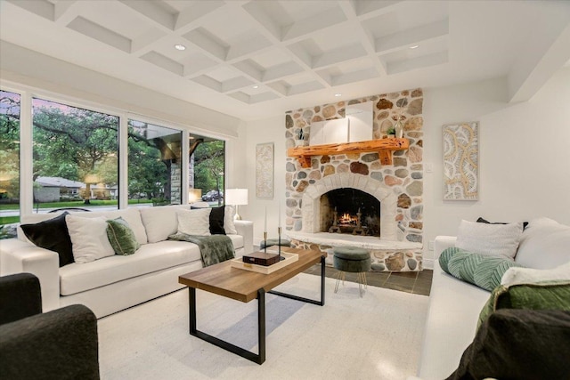 4715 Highland Ter, Austin, TX 78731 - living area with beamed ceiling, a stone fireplace, and coffered ceiling
