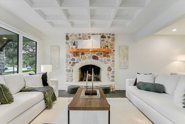 4715 Highland Ter, Austin, TX 78731 - living area featuring beamed ceiling, a stone fireplace, recessed lighting, and coffered ceiling