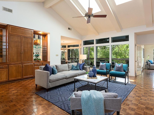 1400 Pearl Cv, Round Rock, TX 78681 - living room featuring high vaulted ceiling, beam ceiling, and a ceiling fan