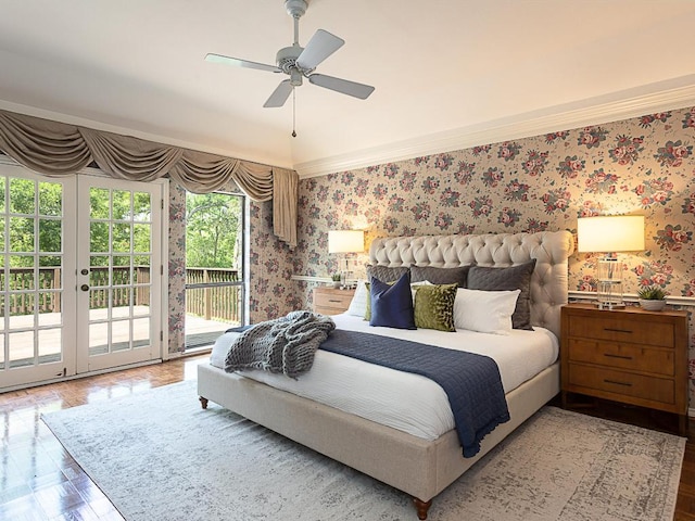 1400 Pearl Cv, Round Rock, TX 78681 - bedroom featuring wallpapered walls, access to outside, ceiling fan, and wood finished floors