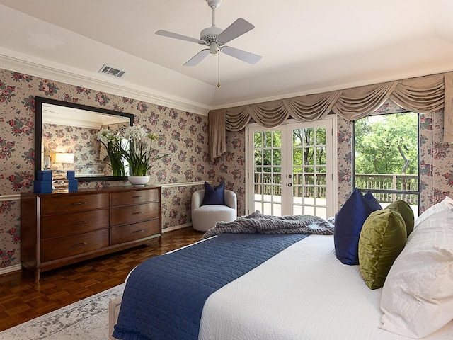 1400 Pearl Cv, Round Rock, TX 78681 - bedroom with wallpapered walls, access to exterior, french doors, and a ceiling fan
