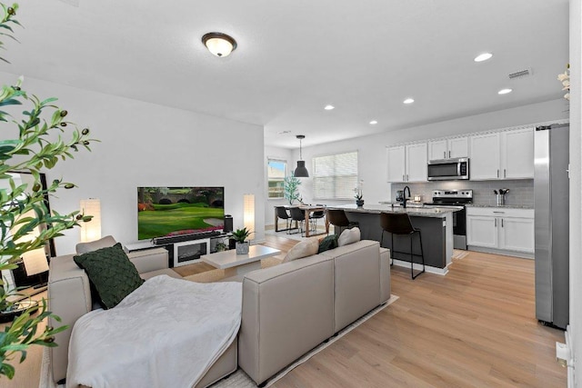 114 Ashford Way, Georgetown, TX 78626 - living room featuring light wood-style flooring and recessed lighting