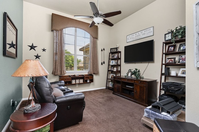 142 Abamillo Dr, Bastrop, TX 78602 - living room featuring a ceiling fan, carpet flooring, and baseboards