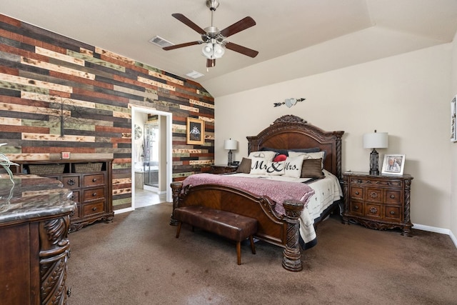 142 Abamillo Dr, Bastrop, TX 78602 - bedroom with carpet floors, baseboards, lofted ceiling, and a ceiling fan