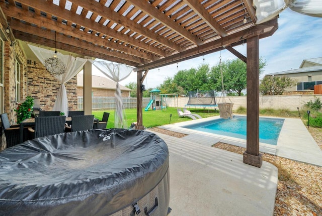 20304 Thumper Jack Ct, Pflugerville, TX 78660 - view of swimming pool featuring a trampoline, a playground, a patio, and a pergola