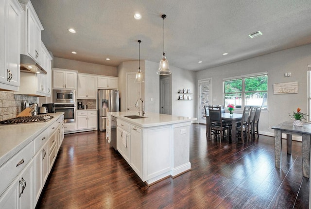 20304 Thumper Jack Ct, Pflugerville, TX 78660 - kitchen featuring appliances with stainless steel finishes, a sink, under cabinet range hood, light countertops, and recessed lighting