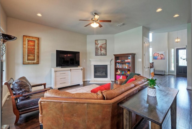 20304 Thumper Jack Ct, Pflugerville, TX 78660 - living area with a ceiling fan, baseboards, dark wood-style flooring, and recessed lighting