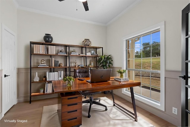 206 High Plains Dr, Dripping Springs, TX 78620 - office space featuring crown molding, light wood finished floors, and a ceiling fan