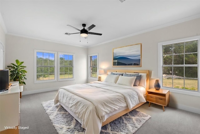 206 High Plains Dr, Dripping Springs, TX 78620 - bedroom featuring carpet floors, crown molding, baseboards, and ceiling fan