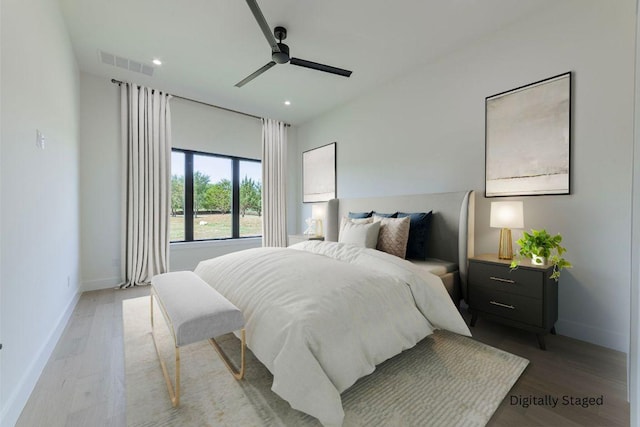125 Azalea Loop, Horseshoe Bay, TX 78657 - bedroom featuring baseboards, light wood-style flooring, recessed lighting, and a ceiling fan