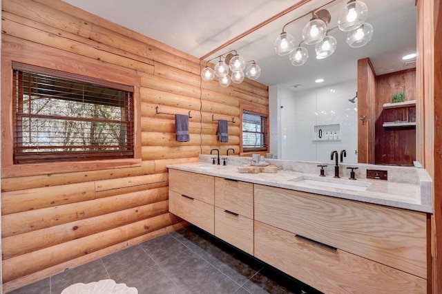 4255 Fm 3405, Georgetown, TX 78633 - bathroom with rustic walls, double vanity, tile patterned floors, and a shower