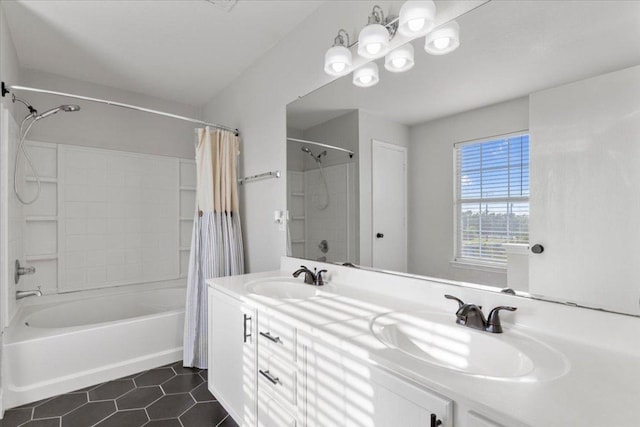 100 N Prairie Ln, Georgetown, TX 78633 - bathroom featuring shower / bathtub combination with curtain, tile patterned floors, and double vanity