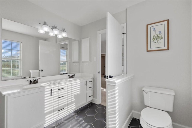 100 N Prairie Ln, Georgetown, TX 78633 - full bathroom featuring healthy amount of natural light, double vanity, toilet, and tile patterned floors