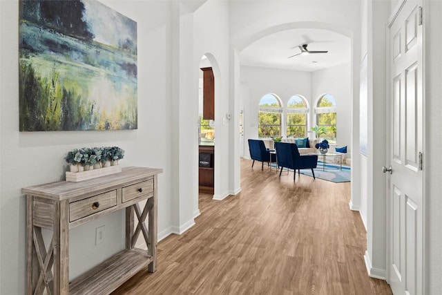270 Harris Dr, Austin, TX 78737 - hall with arched walkways, light wood-style flooring, and baseboards