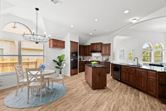 270 Harris Dr, Austin, TX 78737 - kitchen with vaulted ceiling, a sink, black appliances, a center island, and dark countertops