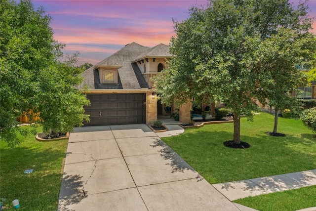 270 Harris Dr, Austin, TX 78737 - french country inspired facade featuring driveway, a yard, and roof with shingles