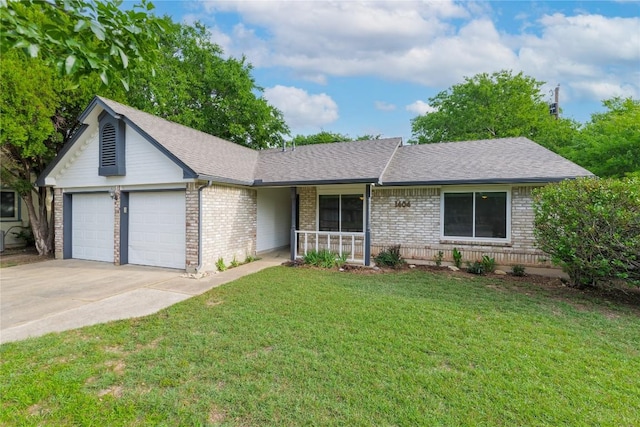 1404 Troy Ln, Round Rock, TX 78664 - ranch-style house with an attached garage, brick siding, concrete driveway, covered porch, and a front yard