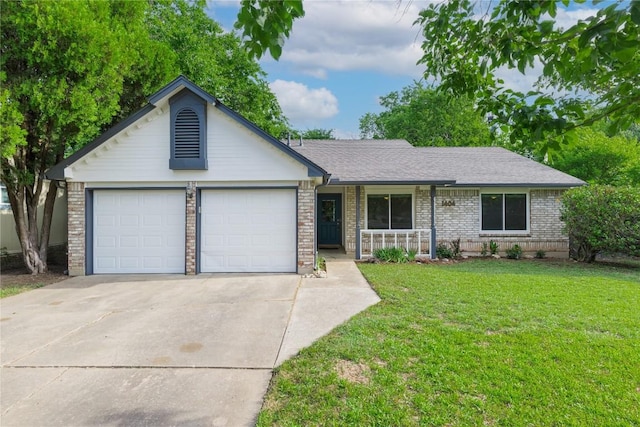 1404 Troy Ln, Round Rock, TX 78664 - ranch-style house with concrete driveway, brick siding, a front yard, a garage, and a porch