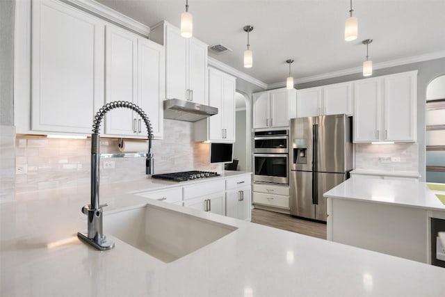 1312 Backcountry Dr, Leander, TX 78641 - kitchen featuring stainless steel appliances, arched walkways, crown molding, light countertops, and decorative backsplash