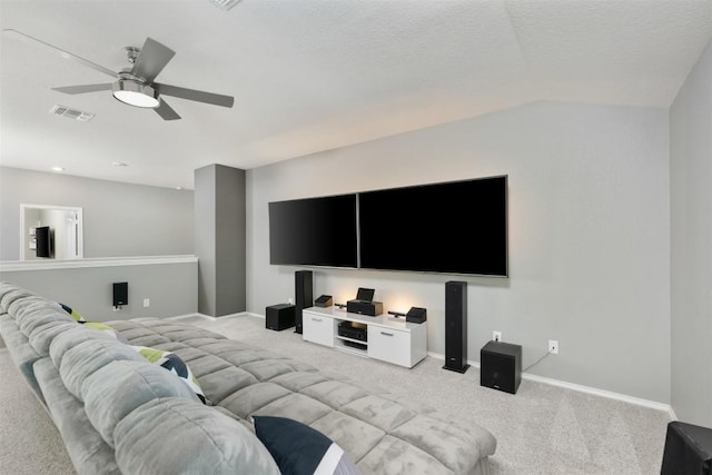 1312 Backcountry Dr, Leander, TX 78641 - living area featuring light carpet, ceiling fan, lofted ceiling, and baseboards