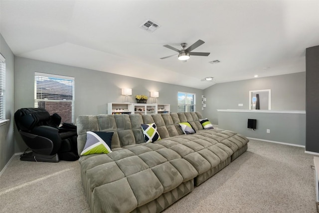 1312 Backcountry Dr, Leander, TX 78641 - carpeted home theater room with a ceiling fan, baseboards, and lofted ceiling