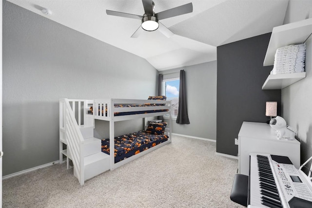1312 Backcountry Dr, Leander, TX 78641 - carpeted bedroom featuring lofted ceiling, baseboards, and ceiling fan