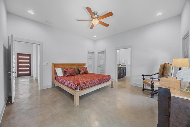 1402 E 11th St, Austin, TX 78702 - bedroom featuring concrete floors, baseboards, recessed lighting, a ceiling fan, and connected bathroom