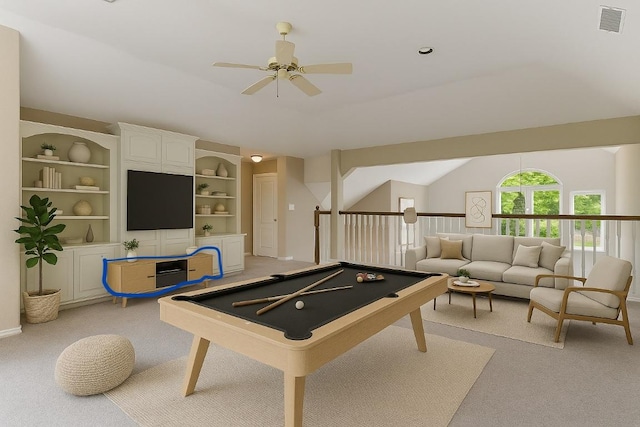 recreation room with light colored carpet, billiards table, ceiling fan, and vaulted ceiling