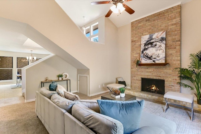4117 Ridgeline Dr, Austin, TX 78731 - living area with carpet, a chandelier, a brick fireplace, ceiling fan, and a towering ceiling