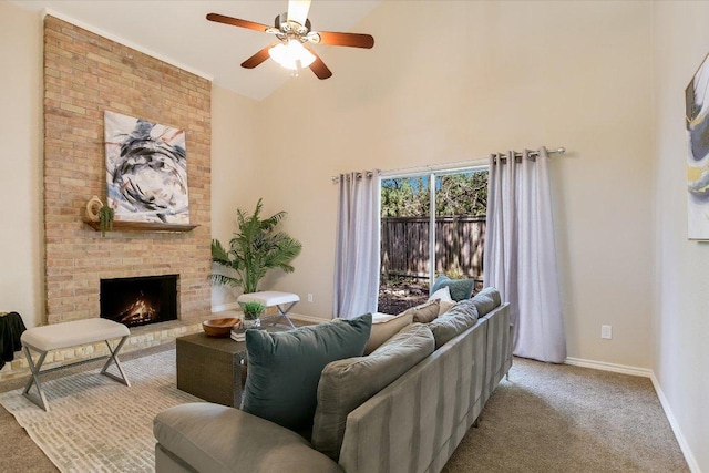 4117 Ridgeline Dr, Austin, TX 78731 - living area with carpet floors, a towering ceiling, baseboards, ceiling fan, and a brick fireplace