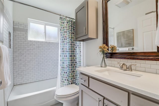2603 Carlow Dr, Austin, TX 78745 - full bath with vanity, decorative backsplash, toilet, and shower / bath combination with curtain