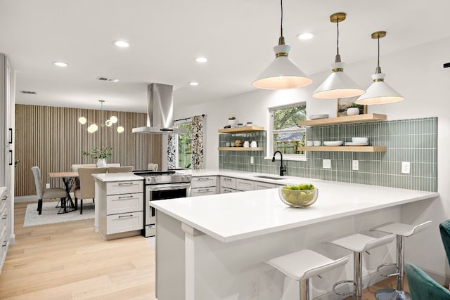 11008 Arch Ter, Austin, TX 78750 - kitchen featuring stainless steel electric range, island exhaust hood, a peninsula, a sink, and open shelves