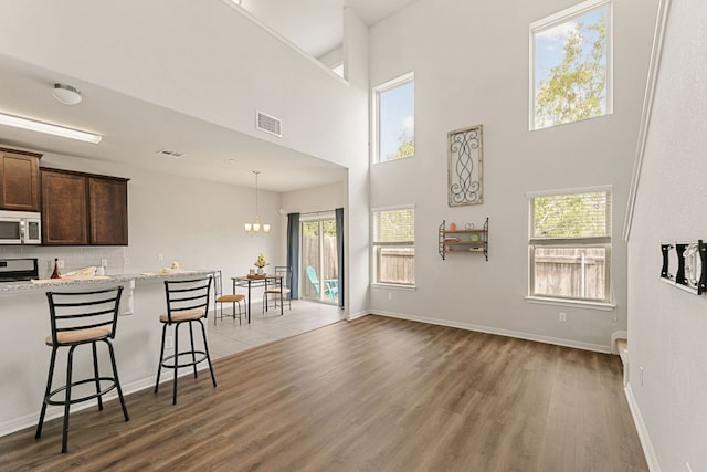 1701 S Bell Blvd Unit 101, Cedar Park, TX 78613 - kitchen featuring appliances with stainless steel finishes, light wood finished floors, a breakfast bar, and a high ceiling
