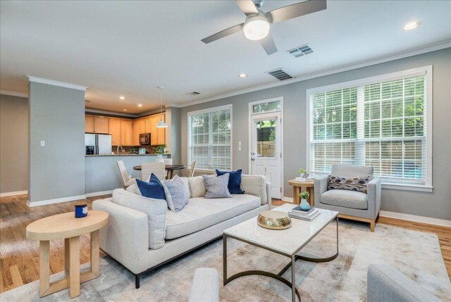 2115 Bluebonnet Ln Unit 3B, Austin, TX 78704 - living area with light wood-style floors, ornamental molding, baseboards, healthy amount of natural light, and ceiling fan