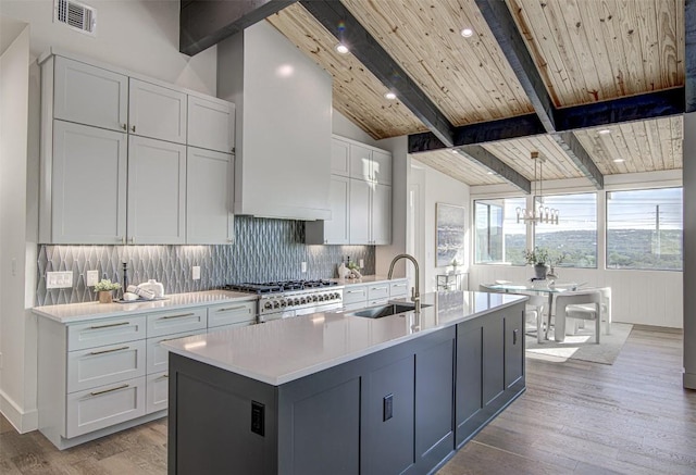 19543 Lakehurst Loop, Spicewood, TX 78669 - kitchen with light countertops, backsplash, wooden ceiling, light wood-type flooring, and white cabinetry