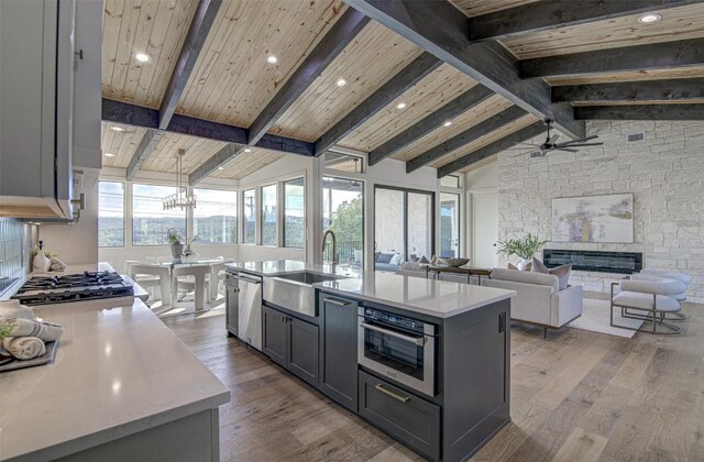 19543 Lakehurst Loop, Spicewood, TX 78669 - kitchen with a sink, light countertops, stainless steel appliances, wood finished floors, and wooden ceiling