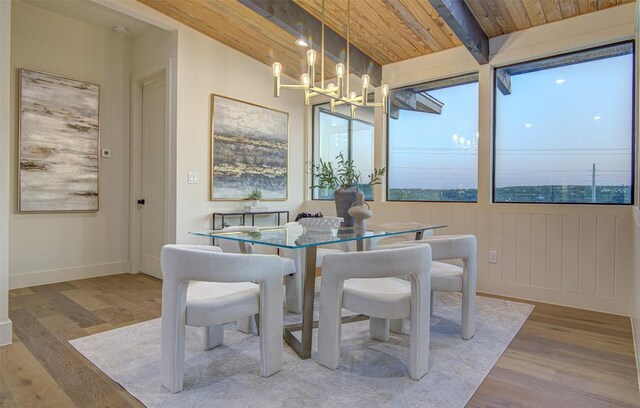 19543 Lakehurst Loop, Spicewood, TX 78669 - dining area featuring wood finished floors, a chandelier, wood ceiling with exposed beams, and baseboards