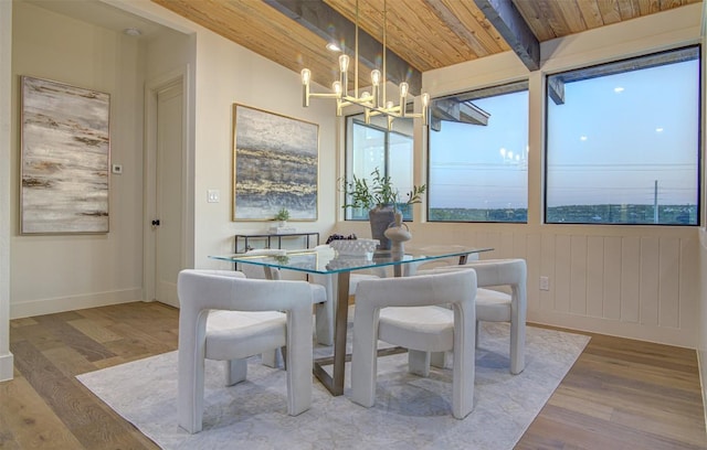 19543 Lakehurst Loop, Spicewood, TX 78669 - dining area featuring wood finished floors, a chandelier, and a wood ceiling with exposed beams
